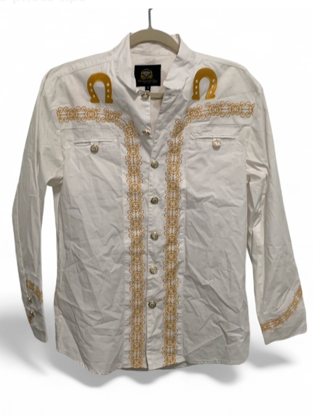 White Diamonds Embroidered Western-Style Button Down Shirt with Gold Accents